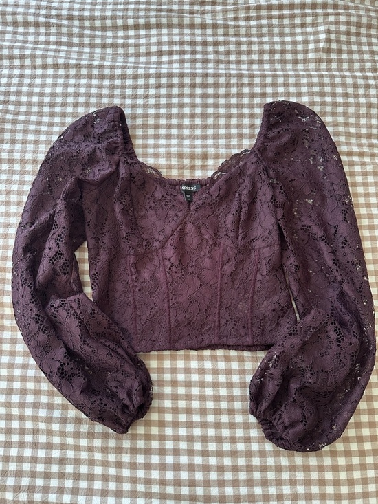 Express Tops - Express Women's Lace Long-Sleeve Crop Top in Plum